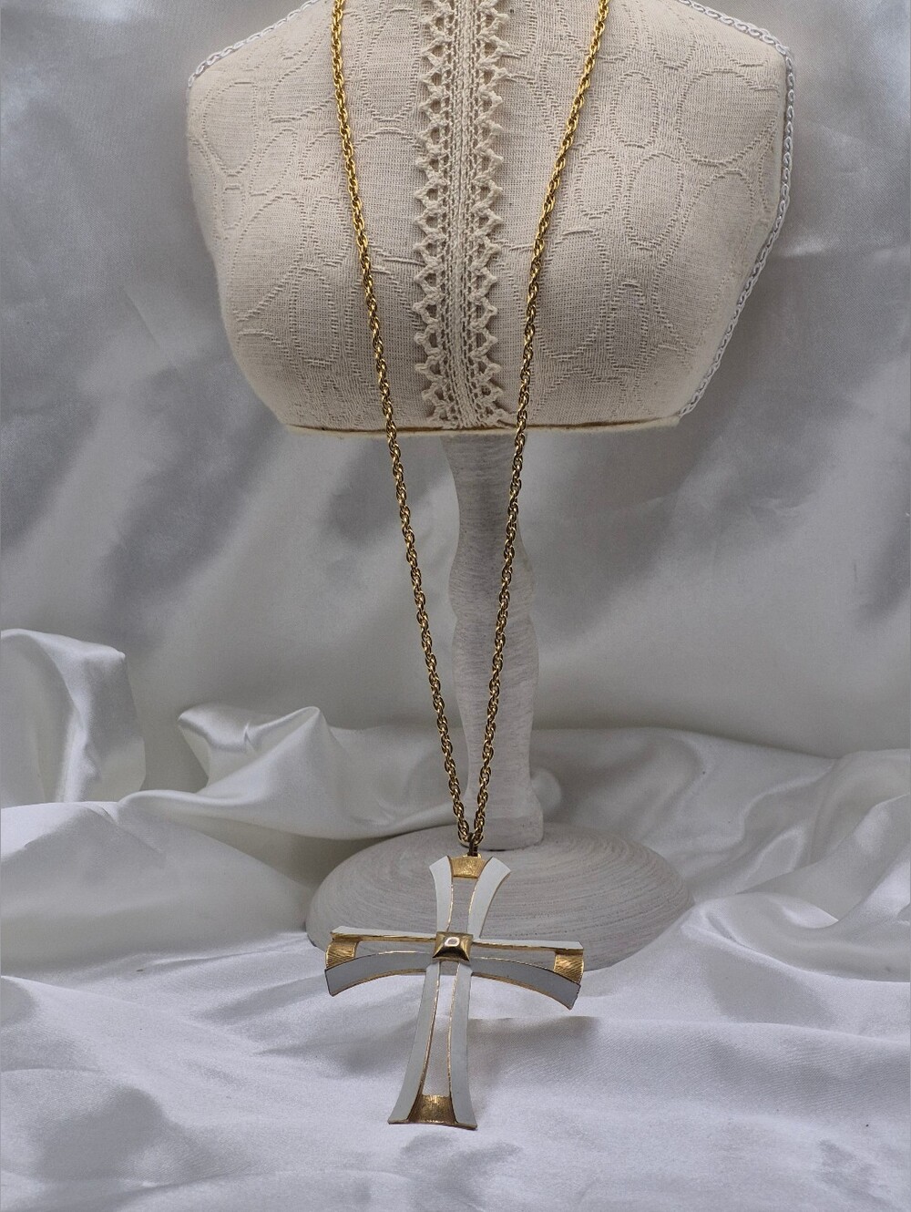 Gold Tone & White Cross Pendant Necklace - Women Jewelry
